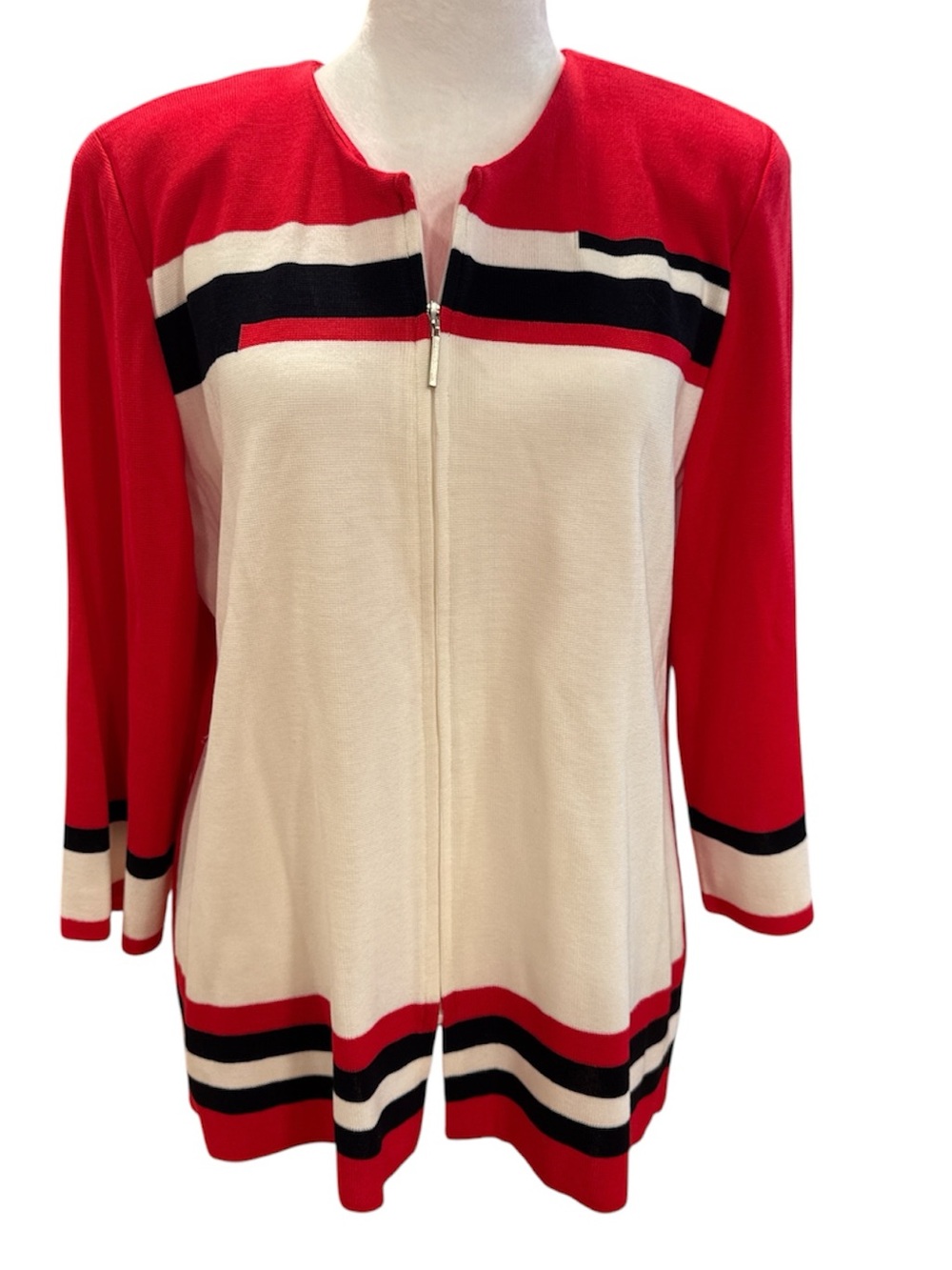 Misook Red, White & Black Front Zip Knit Cardigan large NWT